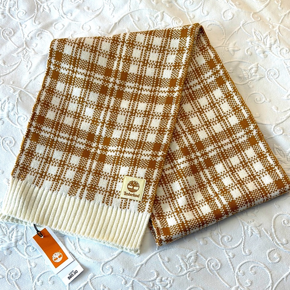 Timberland Plaid Scarf in Butterscotch Gold and Cream 65" Long‎ New with Tags